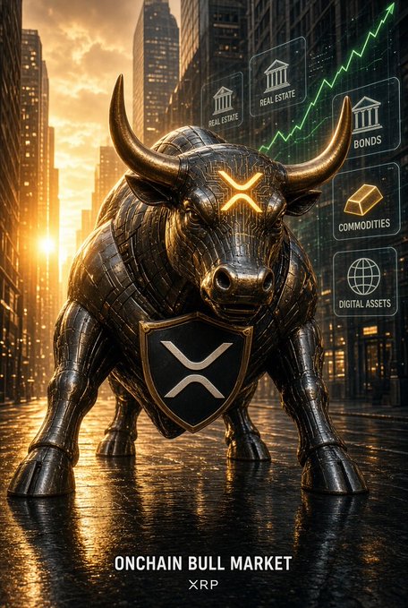 A digital artwork featuring a metallic bull with glowing golden horns and an XRP emblem on its shield, set against a city skyline with text 'ONCHAIN BULL MARKET XRP' and icons for Real Estate, Bonds, Commodities, and Digital Assets.