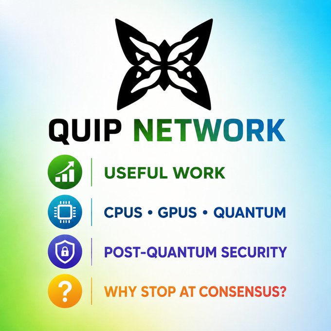 The image shows an infographic about Quip Network's use of computing power for security purposes. The main focus of the image is a black butterfly logo positioned at the top center, accompanied by a question asking "Why stop at consensus?". This question seems to be related to the idea that Quip Network uses computing power to secure blockchain networks and prevent miners from solving puzzles on the nodes' nodes.