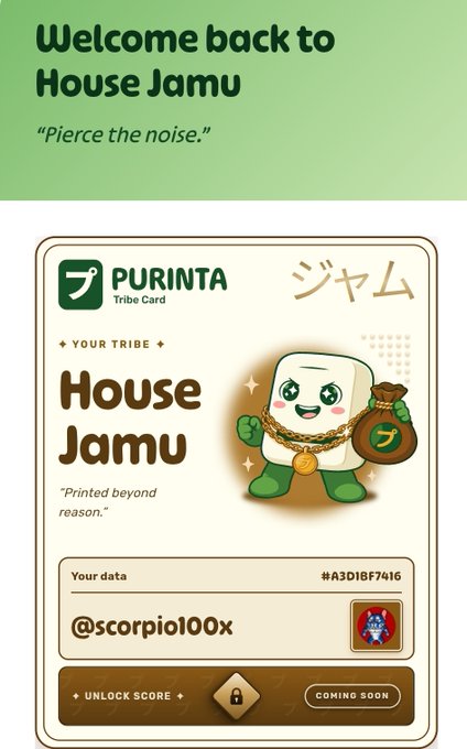The image shows an advertisement for a cryptocurrency called "purintaxyz" that promotes using cryptocurrency as collateral for USDC loans against positions held at the cryptocurrency exchange. The advertisement features a cartoon character, likely a character from the video game Fortnite, holding a bag and standing in front of a green wall with the text "Welcome back to House Jamu".