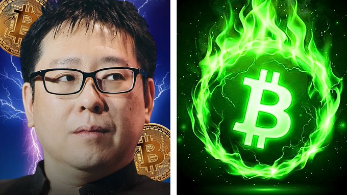 The image features a split composition showing a man with glasses on the left against a blue lightning background with gold Bitcoin coins, and a glowing green Bitcoin logo encircled by flames on the right, illustrating the post's theme of a potential Bitcoin supply shock as companies like MicroStrategy (Michael Saylor) continue accumulating BTC, driving demand beyond availability.