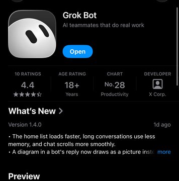 App store listing for Grok Bot showing 4.4 stars, age rating 18+, No. 28 in Productivity, developed by X Corp.