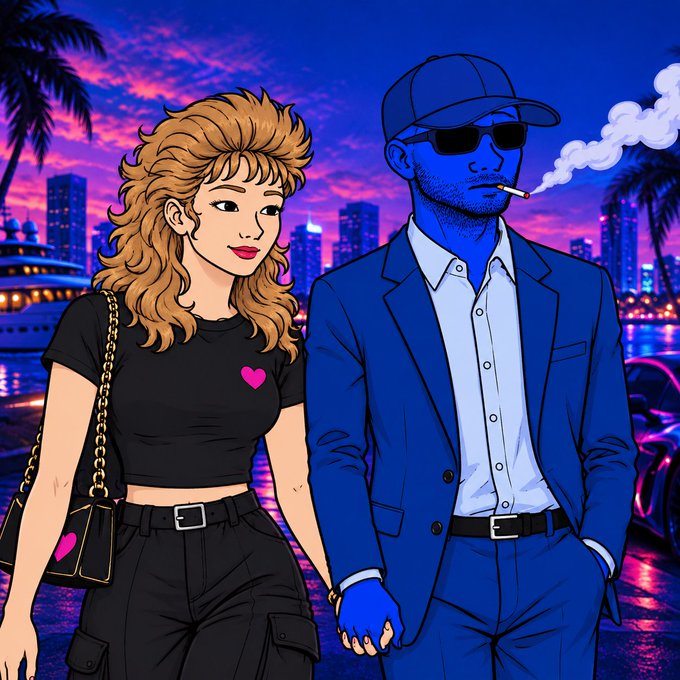 A blonde woman in a black t-shirt with a pink heart and a blue-skinned man in a suit, sunglasses, and cap stand together against a vibrant neon cityscape—representing "Miss Jak," the new girlfriend token joining the Wojak crypto meme universe.