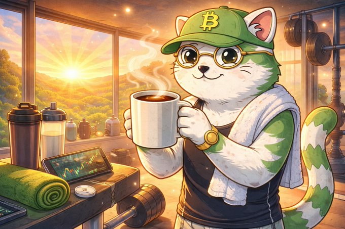 A cartoon illustration of a green cat wearing a Bitcoin cap and round glasses, holding a steaming coffee mug in what appears to be a gym with weights and a trading chart visible.