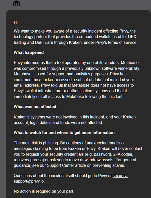 A Kraken security notification email warns users of a data breach involving Privy's vendor Metabase, where an attacker accessed some user email addresses, though Kraken accounts and funds remain unaffected. The post highlights the irony of consecutive security incidents, noting the Kraken/Privy breach follows a similar Trezor incident, with users likely receiving phishing emails exploiting these compromised contacts.