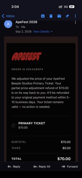 A Gmail screenshot showing an email from ApeFest 2026 (ApeFest) dated Sep 2, 2026, regarding a $70.00 partial price adjustment refund for a Beeple Studios Primary Ticket.