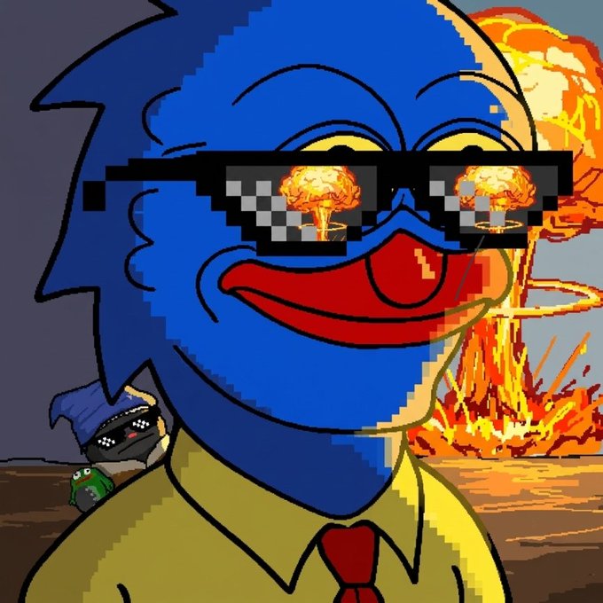 A pixelated cartoon illustration of a blue character wearing pixelated sunglasses with nuclear explosions in the lenses, with a mushroom cloud and nuclear blast in the background.