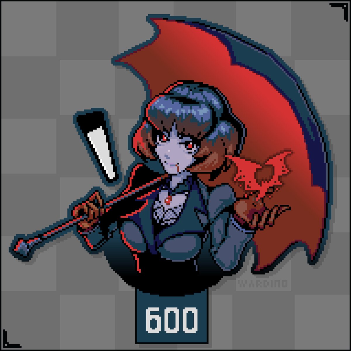 The image features a cartoon girl with red hair holding an umbrella, dressed in a black outfit that includes a hat. She has a serious expression on her face as she looks at the camera. The background of the image is gray, providing a neutral backdrop for the colorful illustration. In the bottom right corner of the image, there's a small sign that reads "600".