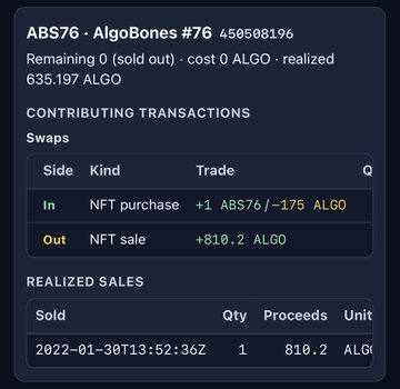 A transaction history screen showing the sale of NFT 'ABS76 - AlgoBones #76' for 810.2 ALGO, with a total realized amount of 635.197 ALGO.