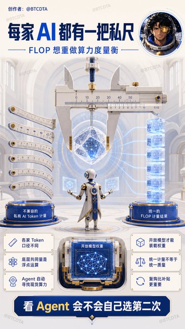 A Chinese infographic by @BTCDTA titled '每家AI都有一把私尺' (Every AI has its own ruler), discussing FLOP as a metric to measure computing power, featuring measuring calipers, a diamond, an astronaut figure, and bullet points about Agent capabilities.