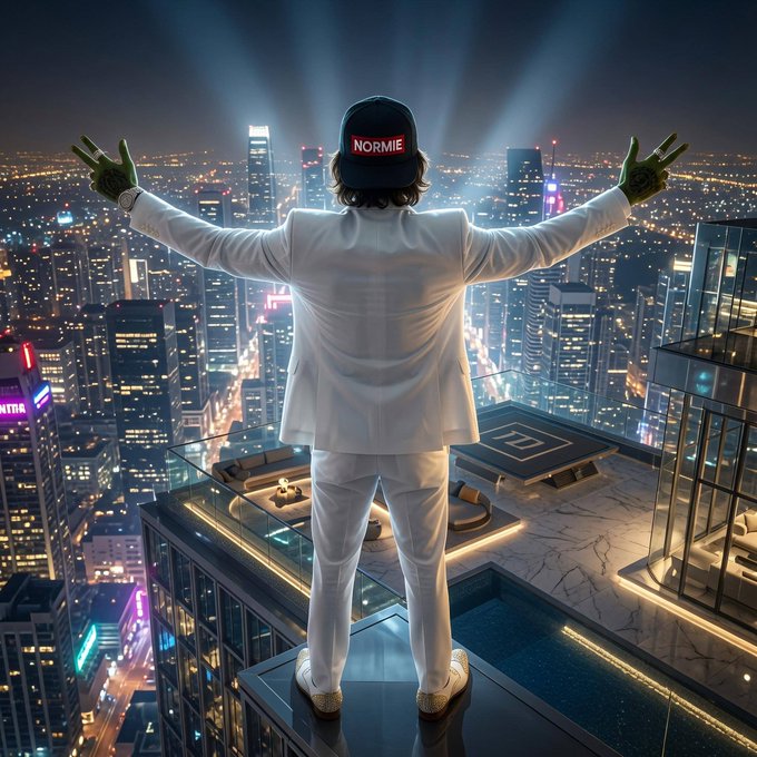 A figure in a white suit standing on a rooftop overlooking a glowing nighttime cityscape, wearing a black cap labeled 'NORMIE' with arms outstretched in a victory pose.