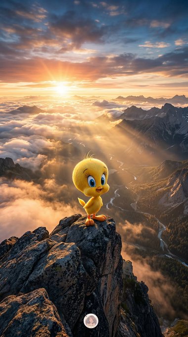 An illustrated Tweety Bird standing on a rocky mountain peak overlooking a scenic landscape of clouds, valleys, and mountains at sunset with golden sun rays breaking through.