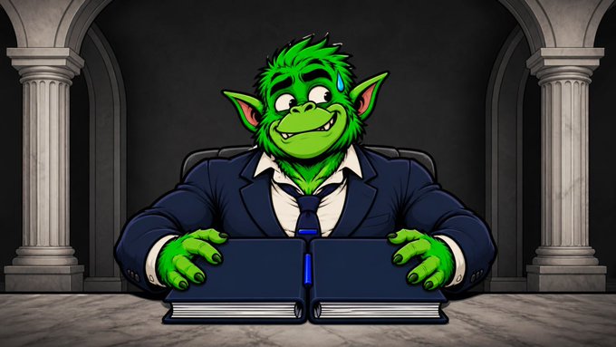 A cartoon illustration of a nervous green goblin-like character in a suit, sweating as he sits behind two large books between stone pillars.
