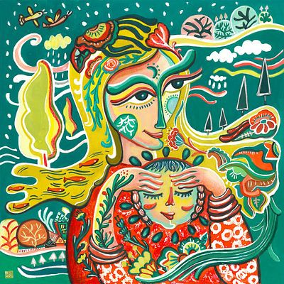 A vibrant, stylized illustration of a woman with flowing, nature-infused hair (containing trees, flowers, and landscapes) holding her hands over the eyes of a smaller figure, set against a teal background with whimsical decorative elements.