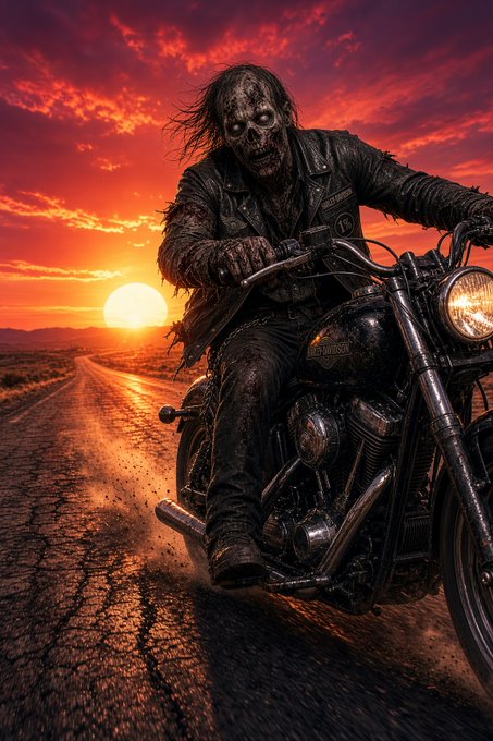 A dramatic digital artwork of a zombie-like rider in a black leather jacket on a Harley-Davidson motorcycle, riding down a cracked desert road against a fiery red sunset.