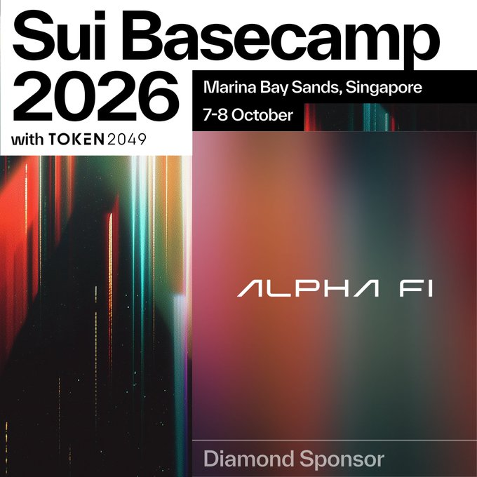 Promotional graphic for Sui Basecamp 2026 at Marina Bay Sands, Singapore on 7-8 October with TOKEN2049, listing Alpha Fi as a Diamond Sponsor.