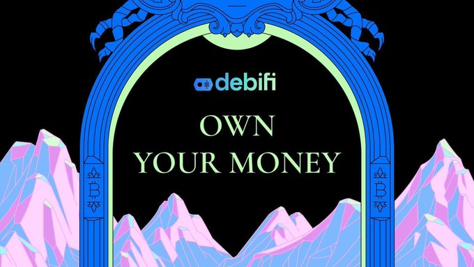The image is a promotional graphic for Debifi, featuring an ornate blue archway framing a mountain landscape in pastel pink and blue hues, with the text "debifi" and "OWN YOUR MONEY" displayed in the center. The design visually reinforces the post's message about Bitcoin-backed loans that allow holders to access liquidity without selling their Bitcoin—embodying the "own your money" philosophy through imagery that suggests security, value, and long-term preservation.