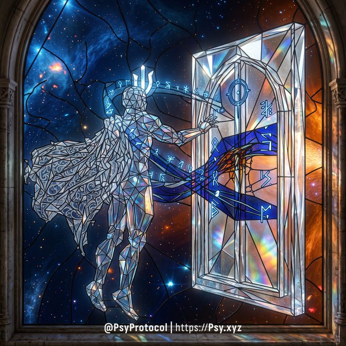 Stained-glass artwork showing a cosmic, geometric figure opening a portal door with mystical runes, watermarked '@PsyProtocol | https://Psy.xyz'.