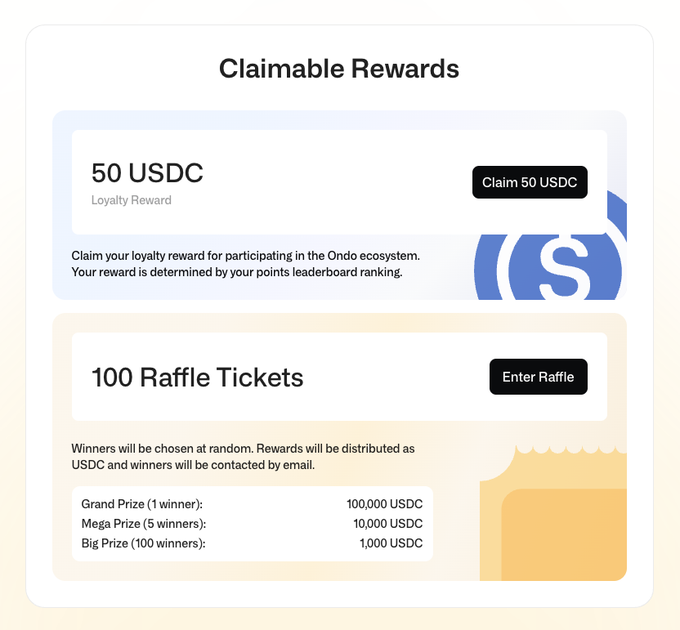 The image shows an advertisement for USDC Rewards on a website. It features a claimable reward system that allows users to claim 50-500 USDC points for their account holder who accumulated 100+ Ondo Points on @OndoFoundation before April 1, 2016. The user can be entered in exchange for raffle tickets, with a total of 100 prizes available and a maximum of 10 raffle tickets allowed per individual.