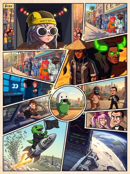 This is a vibrant crypto meme collage featuring various characters, including a chibi figure with a "DON'T TREAD" cap, a person in a conical hat, a glowing-eyed character, and a shark businessman cheering with money, all centered around a $REX-branded rocket blasting off with money flying out, visually celebrating the token's "pump" as mentioned in the post.