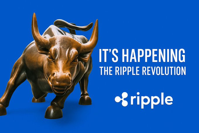 A bronze Charging Bull statue stands prominently against a blue background alongside the text "IT'S HAPPENING THE RIPPLE REVOLUTION" and the Ripple logo. The iconic bull imagery reinforces the post's excited message about a bullish development for Ripple (XRP).