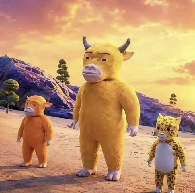 A large yellow bull mascot stands between a smaller bear in a yellow suit and a leopard-print mascot against a sunset backdrop, visually representing the bear-vs-bull market dichotomy. The satirical post mocks crypto hype by implying the bizarre costumed characters symbolize how absurd and rigged the industry has become.