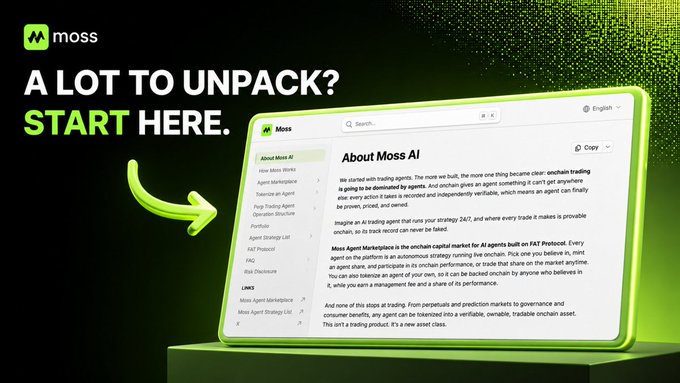 A promotional graphic for Moss AI featuring the text "A LOT TO UNPACK? START HERE." with an arrow pointing to a screenshot of the Moss AI interface explaining it as a trading agent on the onchain trading platform.
