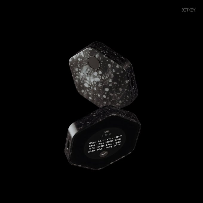 A product image of a BitKey hardware wallet, shown in two views, featuring a textured black casing with one side showing a fingerprint sensor and the other displaying a small screen with a recovery seed phrase of BIP-39 words.