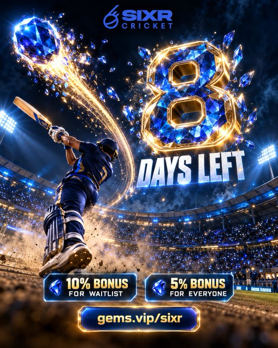 A promotional poster for 'SIXR CRICKET' showing a cricket batsman in mid-swing, with a large crystalline number '8' and 'DAYS LEFT' text, offering '10% BONUS FOR WAITLIST' and '5% BONUS FOR EVERYONE' at the URL 'gems.vip/sixr'.