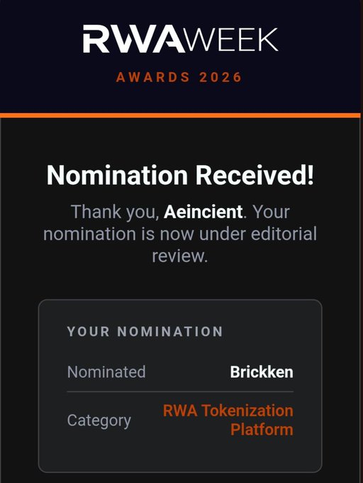 A notification screen for RWA Week Awards 2026 confirming a nomination received for 'Aeincient' nominating Brickken in the RWA Tokenization Platform category.