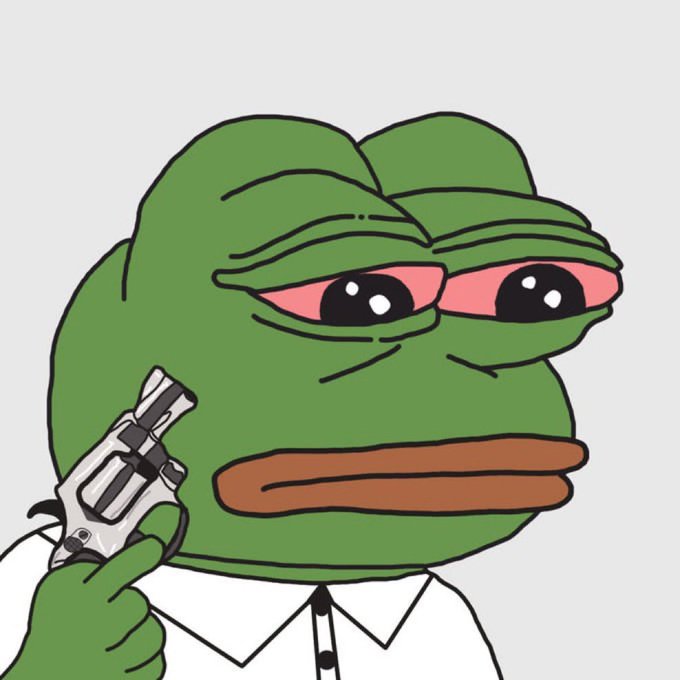 A cartoon illustration of a sad-looking green Pepe the Frog wearing a white collared shirt, holding a silver revolver to the side of his head.