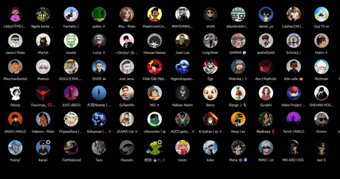 A screenshot of a chat application interface showing a grid of numerous circular user profile pictures with usernames below each avatar.