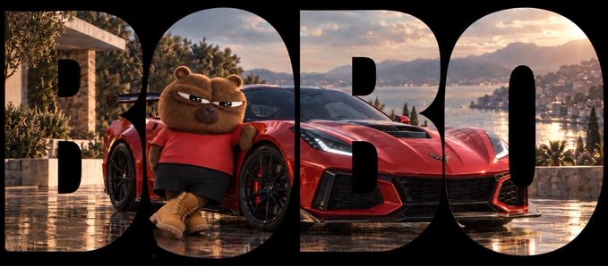 An image featuring the letters 'BOBO' overlaid on a scene of a grumpy stuffed bear in a red shirt leaning against a red sports car.
