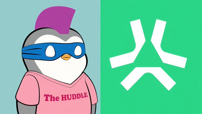 Split image showing a penguin mascot wearing a blue mask and pink shirt reading 'The HUDDLE' next to the HUDDLE logo.