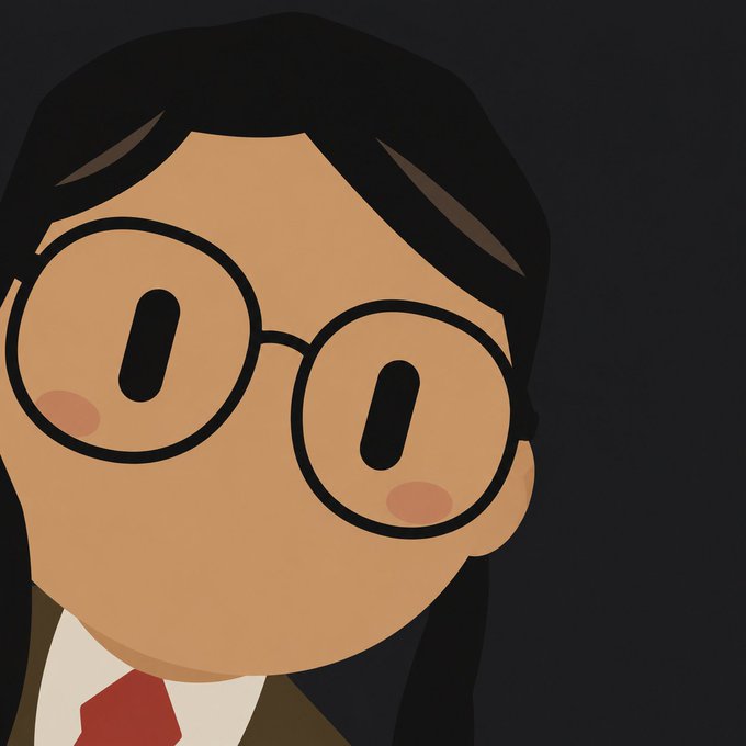 A minimalist digital avatar illustration shows a person with tan skin, large round glasses, and a red tie against a dark gray background.