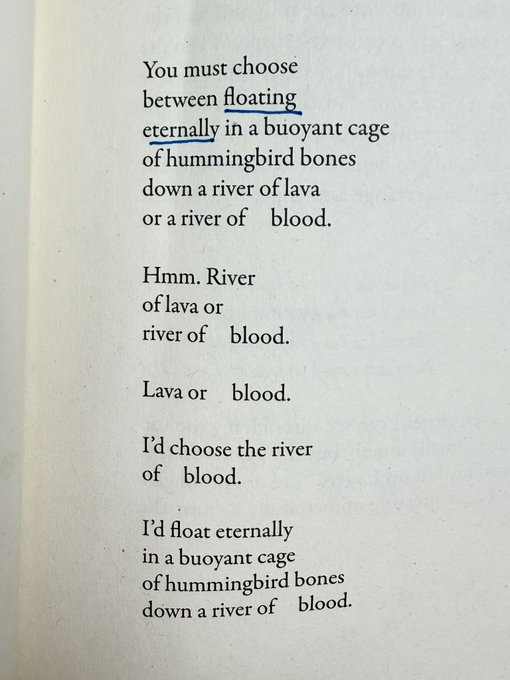 A page from a book displaying a poem that reads: 'You must choose between floating eternally in a buoyant cage of hummingbird bones down a river of lava or a river of blood. Hmm. River of lava or river of blood. Lava or blood. I'd choose the river of blood. I'd float eternally in a buoyant cage of hummingbird bones down a river of blood.'