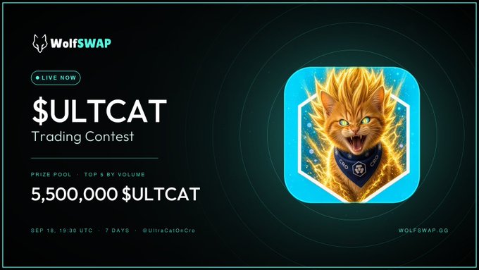 Promotional banner for a WolfSwap '$ULTCAT Trading Contest' featuring a fiery cat illustration, a prize pool of 5,500,000 $ULTCAT, running from SEP 18 19:30 UTC for 7 days.