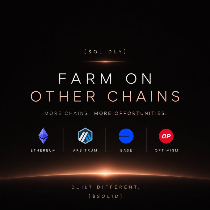Promotional graphic for SOLIDLY with text 'FARM ON OTHER CHAINS - MORE CHAINS. MORE OPPORTUNITIES.', displaying logos for ETHEREUM, ARBITRUM, BASE, and OPTIMISM.