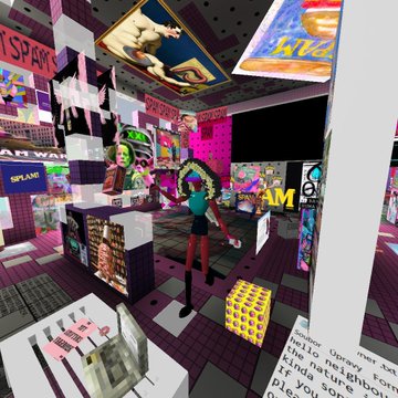 A screenshot of a 3D virtual environment resembling an arcade or themed shop, featuring a female character with long black hair, posters on the walls, and what appears to be yellow dice or cubes on the floor.