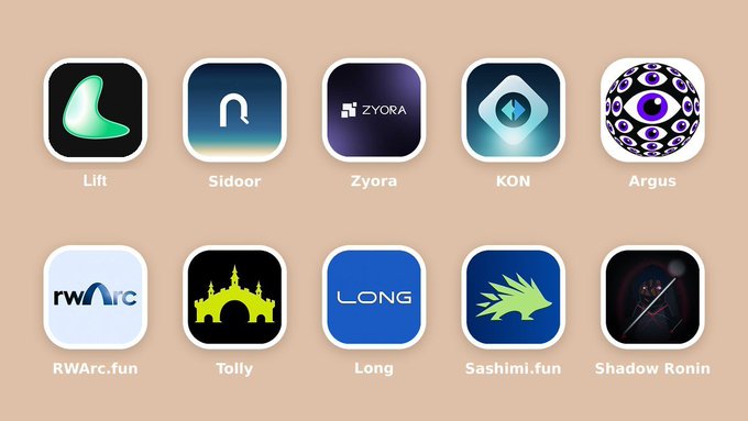A grid of ten cryptocurrency/DeFi project logos with their names: Lift, Sidoor, Zyora, KON, Argus, RWArc.fun, Tolly, Long, Sashimi.fun, and Shadow Ronin.