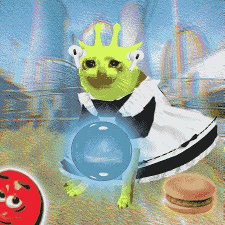 Distorted, colorful image featuring a green alien-like character wearing a crown and maid outfit, holding a blue orb, with a red M&M character and hamburger visible.