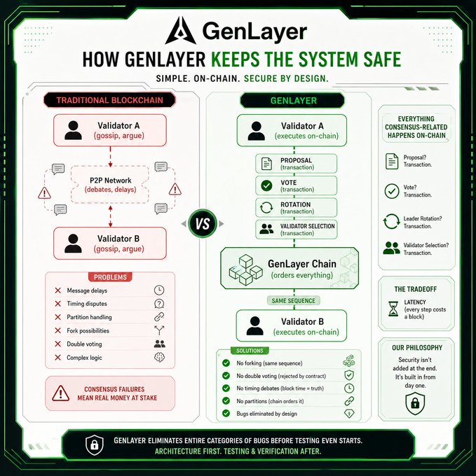 This image is a comparison infographic titled "GenLayer: How GenLayer Keeps the System Safe - Simple. On-Chain. Secure by Design," contrasting Traditional Blockchain (left) with GenLayer's approach (right). It shows that while traditional systems rely on P2P networks where validators gossip and argue—leading to problems like message delays, timing disputes, and partition handling—GenLayer moves everything on-chain, making proposals, votes, validator selection, and leader rotation transparent transactions. The image also lists GenLayer's solutions (no forking, no double voting, no timing debates, no partitions, bugs eliminated by design) and notes the tradeoff that every step costs a block in latency.