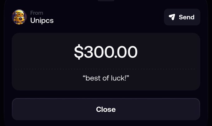 A screenshot of a payment request from "Unipcs" for $300.00 with the note "best of luck!" accompanies a message asking for the sender's "fomo id," likely as a joke tying the $300 request to the notorious crypto trader Unipcs known for FOMO-themed meme coins.