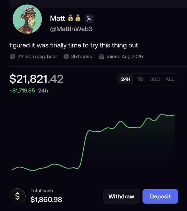A screenshot of Matt (@MattInWeb3)'s trading profile on a crypto app, showing a portfolio value of $21,821.42 with a 24-hour gain of +$1,719.85, used to promote a $500 $ANSEM giveaway for followers on the platform.