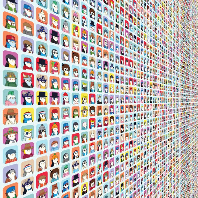 A colorful grid of numerous illustrated penguin avatars, each with unique hats and accessories, displayed on a wall receding into the distance (Pudgy Penguins NFT collection).