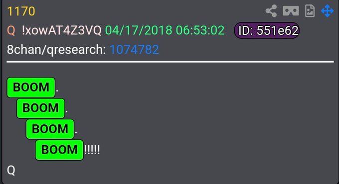 The image shows an 8chan /qresearch thread post (#1074782) dated 04/17/2018 with four green "BOOM" messages followed by "BOOM!!!!!", visually emphasizing the user's excitement that Q's 4/17 post equates to 4/30 and 6/30 dates.