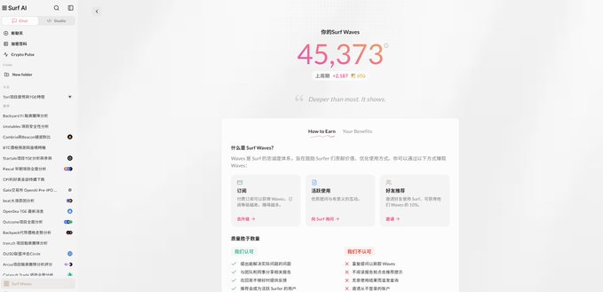 A screenshot of the 'Surf AI' platform showing 'Surf Waves' balance of 45,373 (deeper than most, it shows) with a How to Earn guide in Chinese explaining subscription, quiz completion, and transfers.
