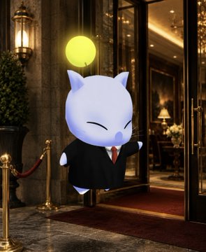 A 3D rendering of a white cartoon cat character in a black suit with a red tie, standing in front of a luxurious building entrance with red carpet and velvet ropes.