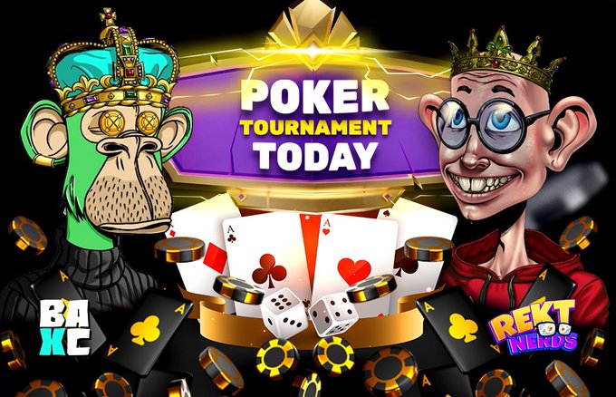 The image features two cartoon characters dressed up as monkeys, with one wearing a crown and holding a deck of cards while the other wears glasses and holds a pair of dice. The background shows a casino setting with various elements such as poker chips, playing cards, and a roulette wheel. The post is titled "Poker Tournament Today" and includes text that reads "JOER x BoredApeXClub Poker Tournament Saturday - [6 June, 2026] - 18:30 UTC. POOL PRIZES BAXC NFT #8091 BAXC NFT #7024 500 $TIME 1st place claims first a prize, 2nd picks a prize from the POOL and 3rd gets what's left." The post is related to the poker tournament as it features two cartoon characters dressed up as monkeys holding playing cards and dice.