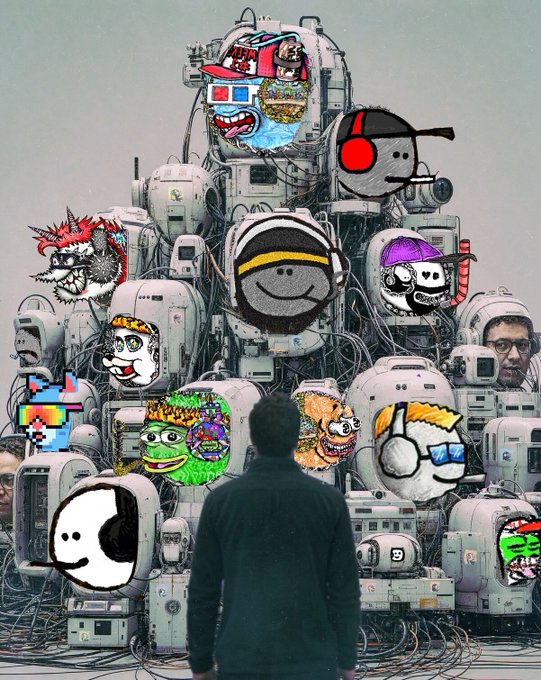 A man stands facing a towering pile of computer monitors and machinery, each screen displaying various cartoonish NFT-style characters including "mfers," a Pepe frog, and other meme figures. The image relates to the post by depicting the open-source, community-driven nature of the "mfers" collection, which Beeple (Mike Winkelmann) helped popularize by freely sharing his derivative artwork.