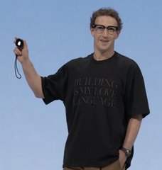 Photo of a man with glasses wearing a black t-shirt that reads 'BUILDING IS MY LOVE LANGUAGE' in red and gray text, holding a small device while speaking on stage against a light blue background.